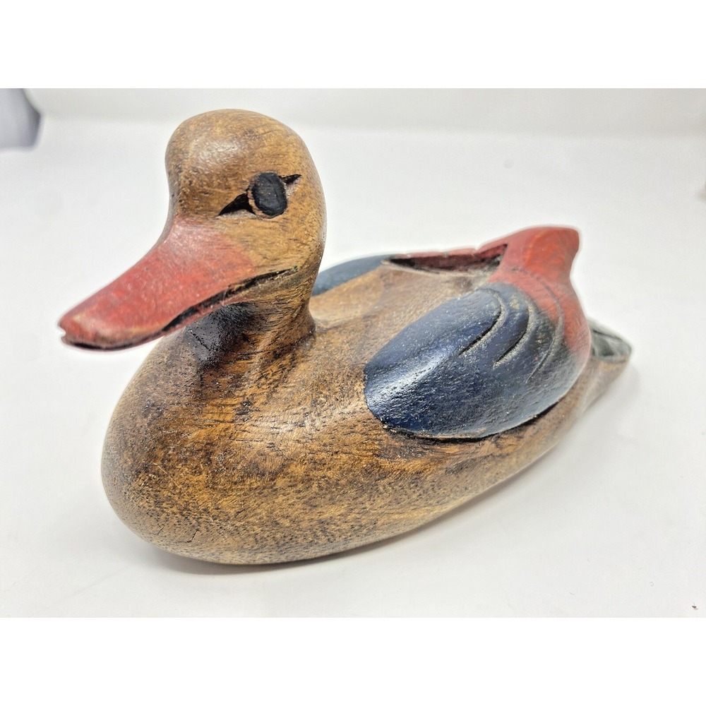 Vintage Hand Carved Wooden Duck Figurine Red Winged Bird Decoy 6.5in Americana
